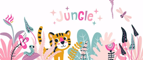 Kreskówka Dżungli Horisontal Banner Cute Lew Dzikiej Przyrody Pastelowym Kolorze — Wektor stockowy