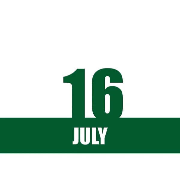 16 Ιουλίου. 16η ημέρα του μήνα, ημερολόγιο.Πράσινοι αριθμοί και ρίγα με λευκό κείμενο σε απομονωμένο φόντο. Έννοια της ημέρας του έτους, χρόνος προγραμματιστής, μήνας του καλοκαιριού — Φωτογραφία Αρχείου