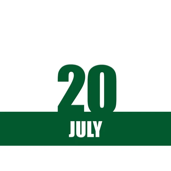 20 Ιουλίου. 20η ημέρα του μήνα, ημερολόγιο.Πράσινοι αριθμοί και ρίγα με λευκό κείμενο σε απομονωμένο φόντο. Έννοια της ημέρας του έτους, χρόνος προγραμματιστής, μήνας του καλοκαιριού — Φωτογραφία Αρχείου