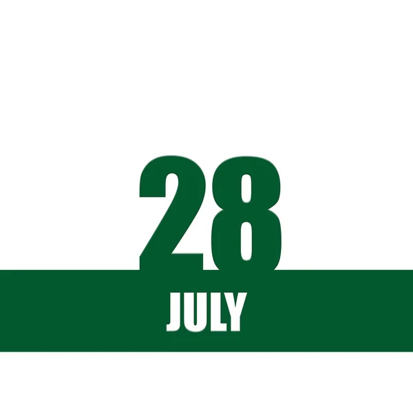 28 lipca. 28 dzień miesiąca, data kalendarzowa.Zielone numery i paski z białym tekstem na odosobnionym tle. Pojęcie dnia roku, planer czasu, miesiąc letni — Zdjęcie stockowe