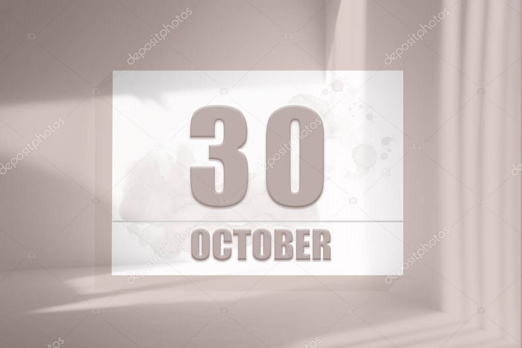 october 30. 30th day of the month, calendar date.White sheet of paper with numbers on minimalistic pink background with window shadows. Autumn month, day of the year concept.3D illustration