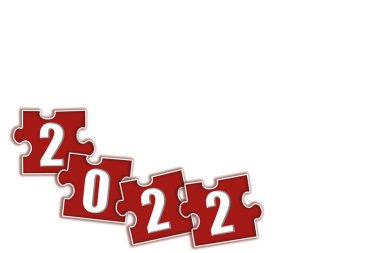 Mutlu yıllar 2022. Yapboz elemanları, izole bir arkaplanda 2, 0 rakamına sahip kırmızı yapboz elemanlarıdır. Yeni yıla hoş geldin kavramı.