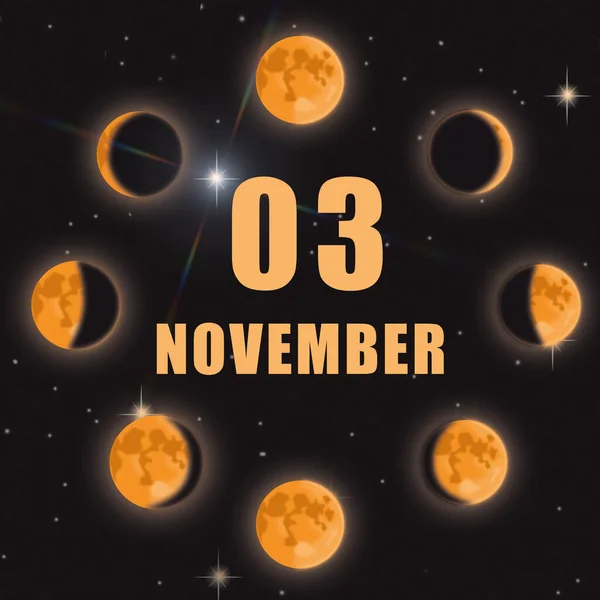3-go listopada. 3. dzień miesiąca, data kalendarzowa.Fazy księżyca na czarnym, odizolowanym tle. Cykl od księżyca do pełni. Pojęcie dnia roku, planer czasu, miesiąc jesienny. — Zdjęcie stockowe
