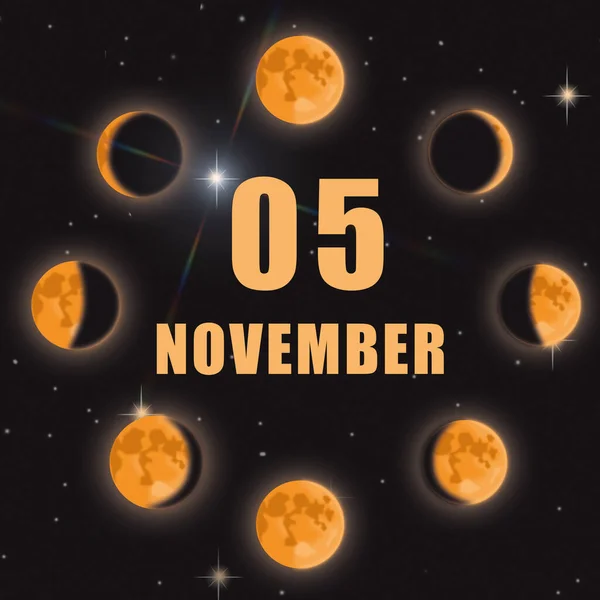 5 Νοέμβρη. 5η ημέρα του μήνα, ημερολόγιο.Φάσεις του φεγγαριού σε μαύρο απομονωμένο φόντο. Κύκλος από τη Νέα Σελήνη στην Πανσέληνο. Έννοια της ημέρας του έτους, προγραμματισμός του χρόνου, μήνας του φθινοπώρου. — Φωτογραφία Αρχείου