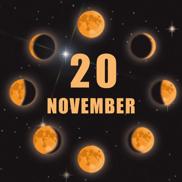 20 de Novembro. 20o dia do mês, data do calendário.Fases da lua no fundo isolado preto. Ciclo da lua nova à lua cheia. Conceito de dia do ano, planejador de tempo, mês de outono. — Fotografia de Stock