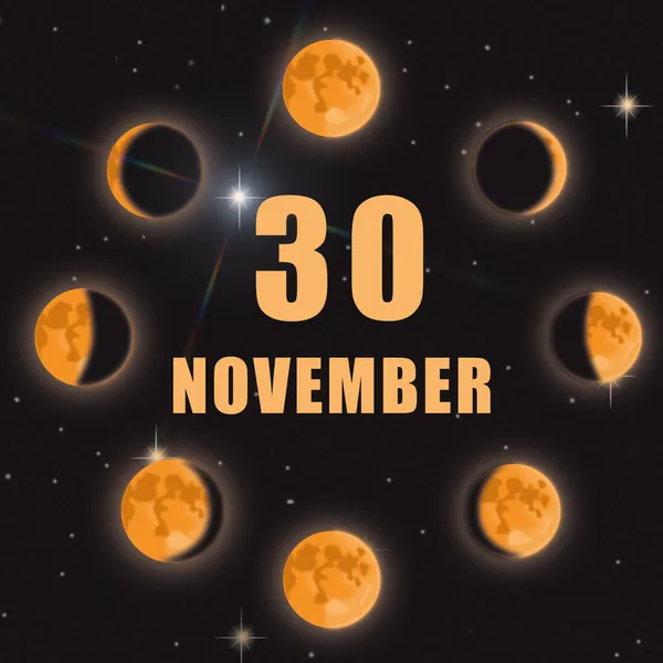 30 de Novembro. 30o dia do mês, data do calendário.Fases da lua no fundo isolado preto. Ciclo da lua nova à lua cheia. Conceito de dia do ano, planejador de tempo, mês de outono. — Fotografia de Stock