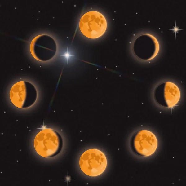 Phases of moon on black isolated background. Illustration of cycle from new moon to full moon. Square illustration.