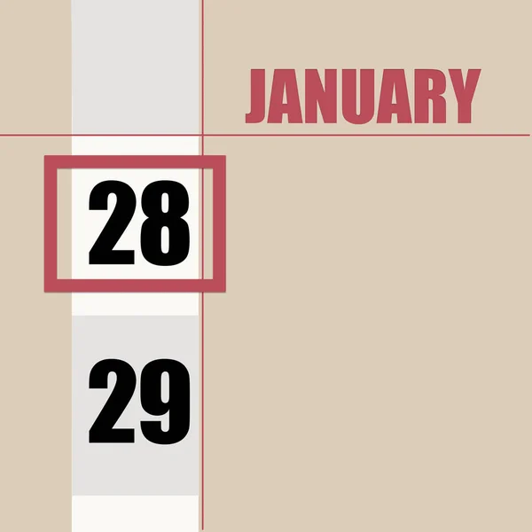 1月28日 月の28日 カレンダーの日付変更日と白のストライプと赤の四角形のベージュの背景 年の日 タイムプランナー 冬の月の概念 — ストック写真