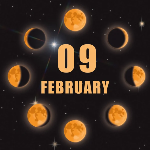 2月9日 月の9日 カレンダー日付 黒の隔離された背景に月の相 新しい月から満月へのサイクル 年の日 タイムプランナー 冬の月の概念 — ストック写真
