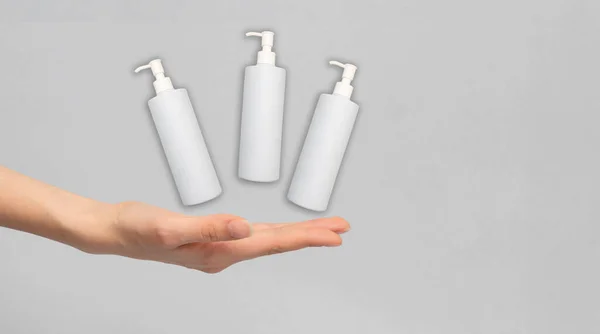 Three White Mock Ups Bottles Lid Dispenser Soap Disinfectant Levitating — Zdjęcie stockowe