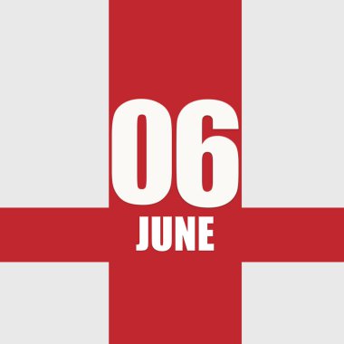 june 6. 6th day of month, calendar date.White numbers and text on red intersecting stripes. Concept of day of year, time planner, summer month