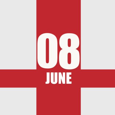 june 8. 8th day of month, calendar date.White numbers and text on red intersecting stripes. Concept of day of year, time planner, summer month