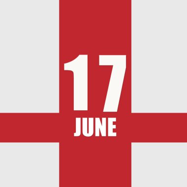 june 17. 17th day of month, calendar date.White numbers and text on red intersecting stripes. Concept of day of year, time planner, summer month