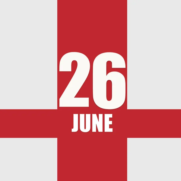 June 26. 26th day of month, calendar date.White numbers and text on red intersecting stripes. Concept of day of year, time planner, summer month — Stock Fotó