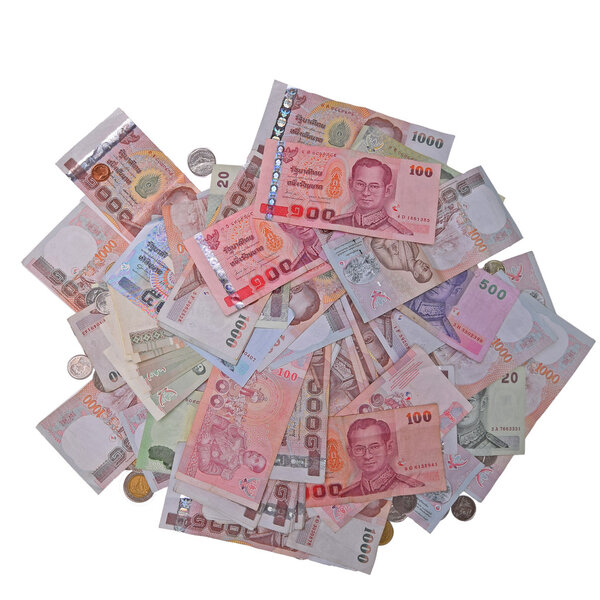 Thai money baht on white plate with clipping path