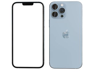 Yeni İphone 13 Pro maksimum ön ve arka taraf beyaz ekran ile modelleniyor. Beyaz arka planda sunum web sitesi tasarımı veya cep telefonu uygulaması için resim. LOEI, THAILAND, 26 Sep 2021 :