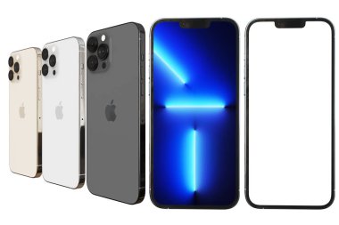 Yeni İphone 13 Pro maksimum ön ve arka taraf beyaz ekran ile modelleniyor. Beyaz arka planda sunum web sitesi tasarımı veya cep telefonu uygulaması için resim. LOEI, THAILAND, 26 Sep 2021 :