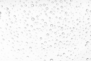 Cam üzerine yağmur damlası, su damlası dalgalanması beyaz arkaplan.