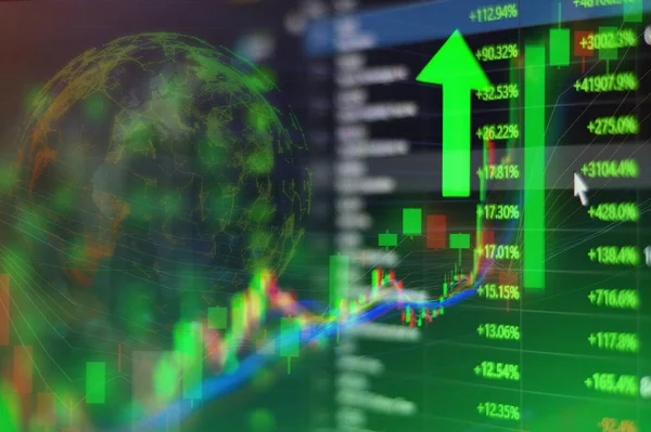 緑の上昇傾向の株式市場 緑のバーと上昇 戦争の危機とパンデミック後の強気株市場を感じているライングラフ 株式経済とデータ分析の背景 — ストック写真