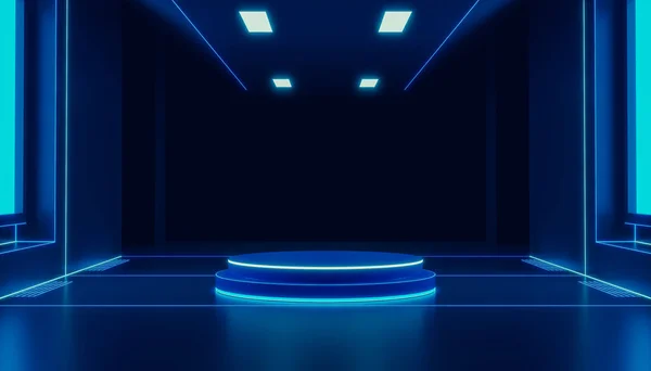 Sci-Fi futuristic podium,empty showcase blank product pedestal for product presentation. blue glowing Future background for design technology Sci-fi interior concept.3d Rendering.
