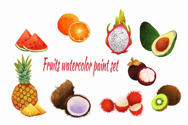 Set Fruits Watercolor Food Orange Dragon Fruit Avocado Mangosteen Pineapple — Stock Photo, Image