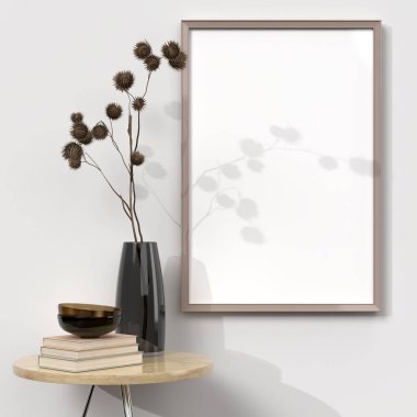 Odanın iç tarafındaki ahşap rafta boş bir fotoğraf çerçevesi var. Modern ve çiçekli raf konsepti. Gölge pencereli