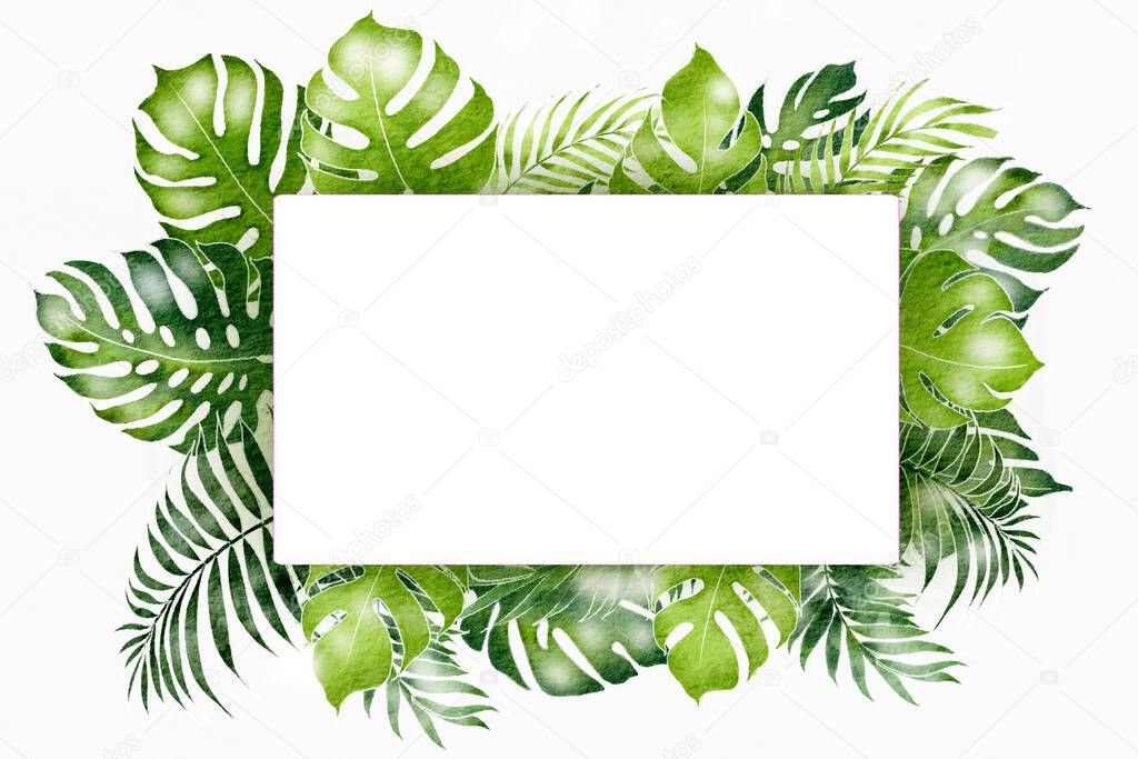 natural frame watercolor background in green with leaf border poster