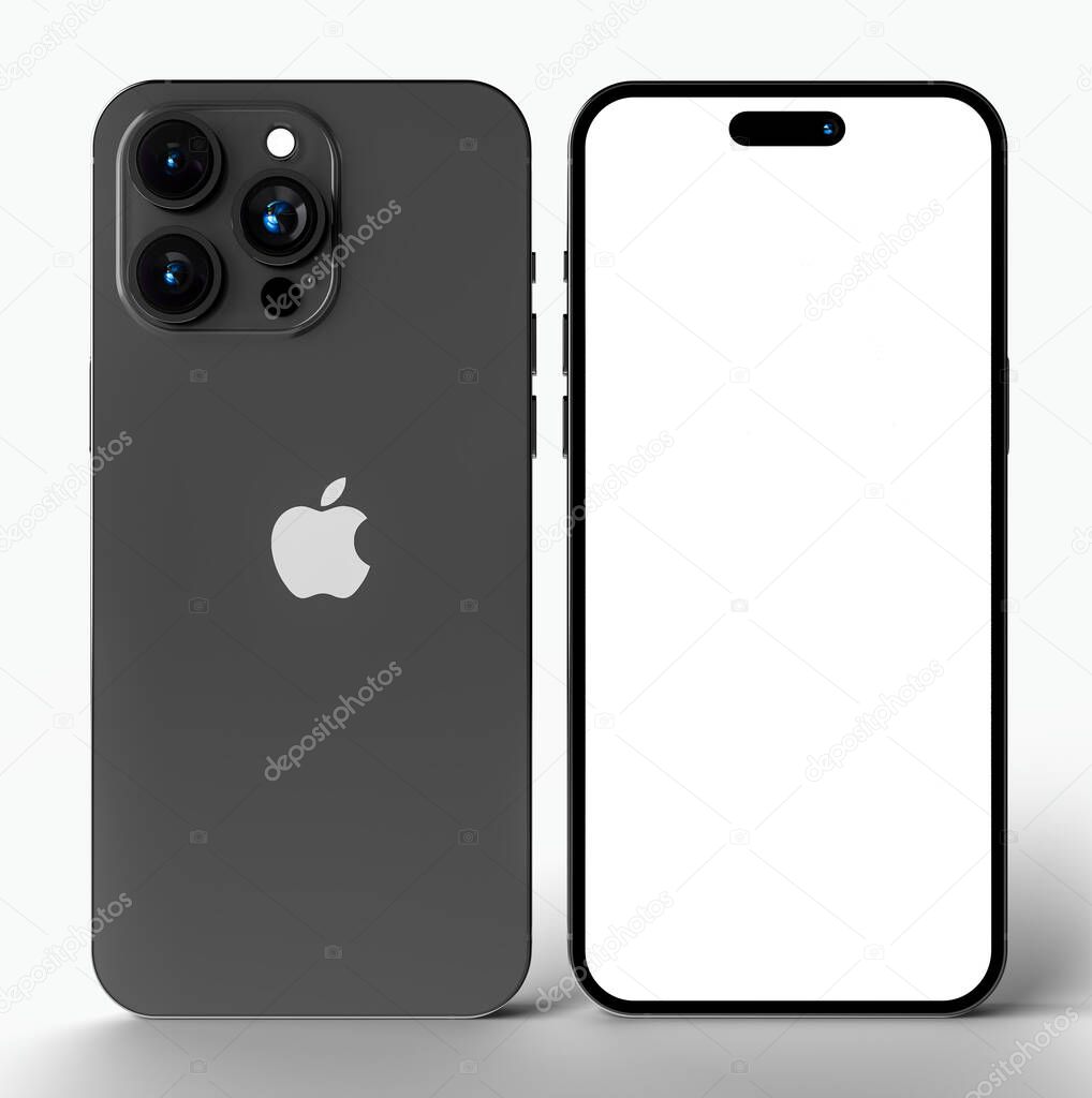 IPhone 14 Pro Max set of front and back view with blank screen for Infographic Global Business website design app, - Clipping Part:Bangkok, Thailand - SEP 16, 2022
