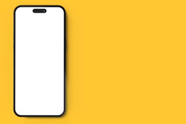 Bilgi grafikleri veya sunum için boş ekranı olan siyah gerçekçi akıllı telefon modelleme tasarımı basit sarı renk geniş afiş arkaplanı üzerinde modelleme yaparsınız