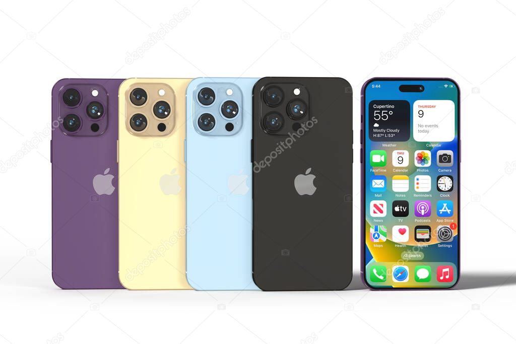 Realistic IPhone 14 Pro Max set with front and back view studio shot : Bangkok, Thailand - SEP 16, 2022