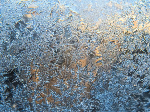 Зимнее Замороженное Окно Покрытое Кристаллами Льда Снежинки Структура Льда Стекле — стоковое фото