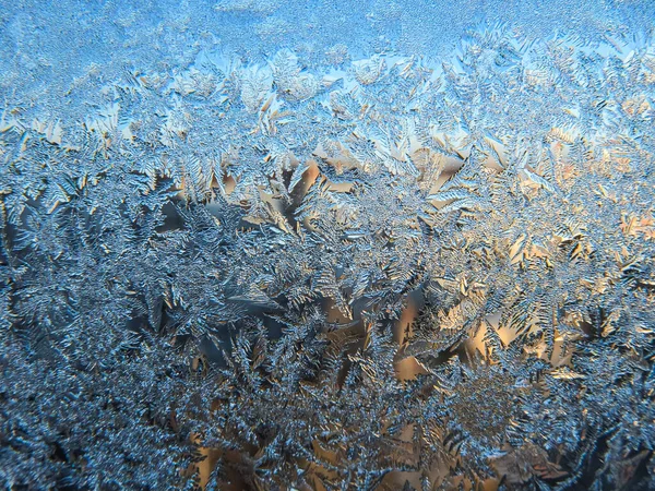 Janela Congelada Inverno Coberta Com Cristais Gelo Flocos Neve Estrutura — Fotografia de Stock