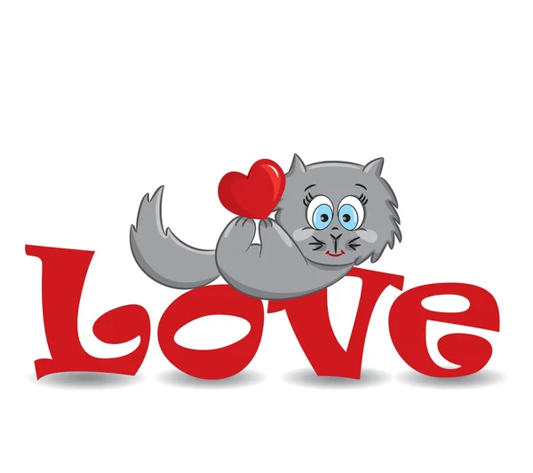 Gato con el corazón acostado en la palabra roja "amor " — Vector de stock