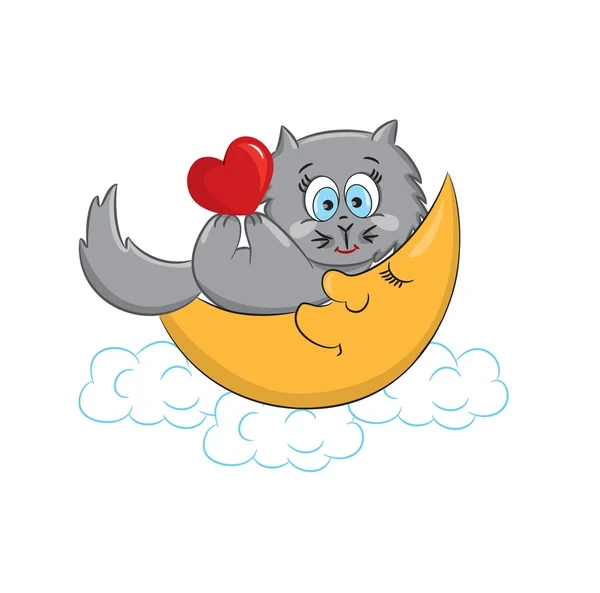 A cute cat with heart lying on the moon — Stock Vector