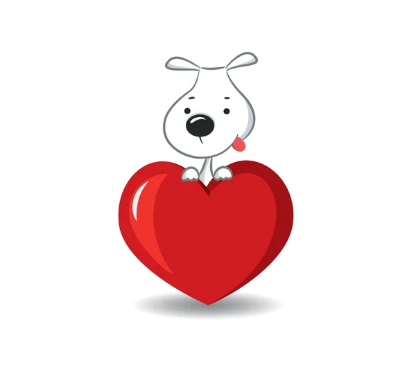 Un perro divertido sentado en el corazón rojo — Vector de stock