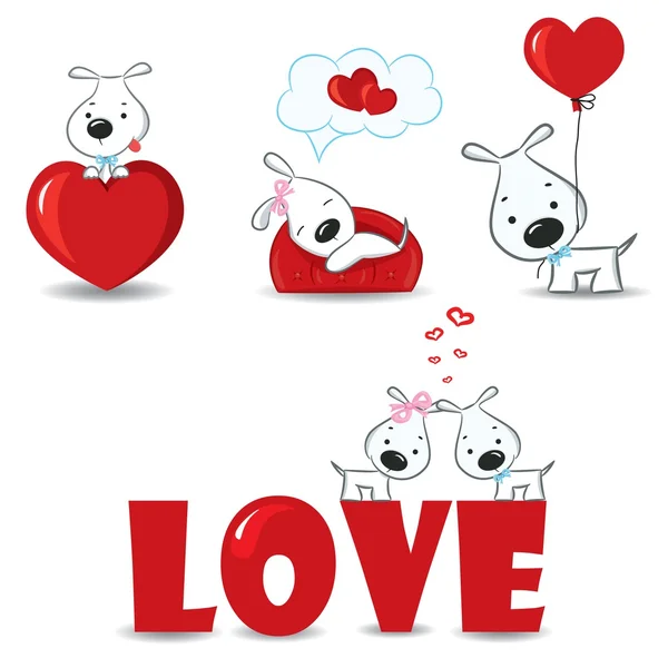 A set of funny dogs with hearts — Stock Vector