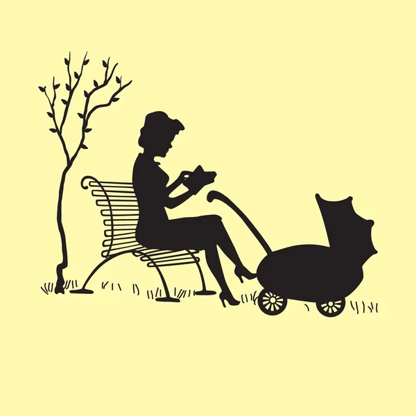 Silhouette d'une jeune mère avec un chariot — Image vectorielle