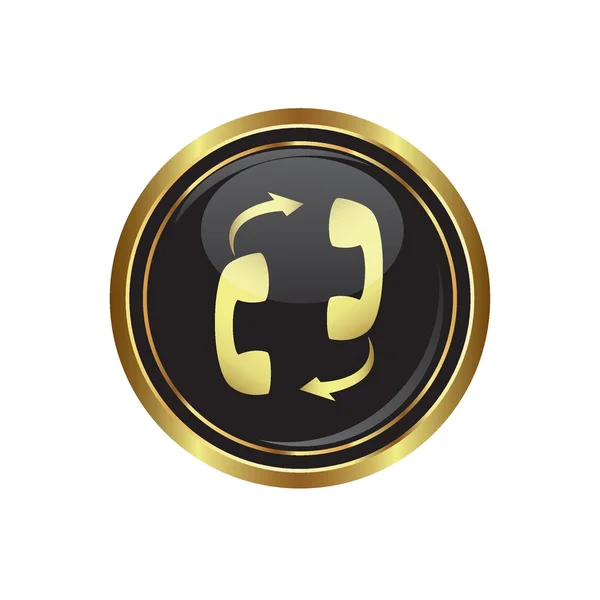 Icono de conexión del teléfono en el negro con botón redondo de oro — Vector de stock