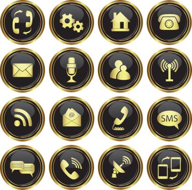 Round golden buttons with communication icons clipart