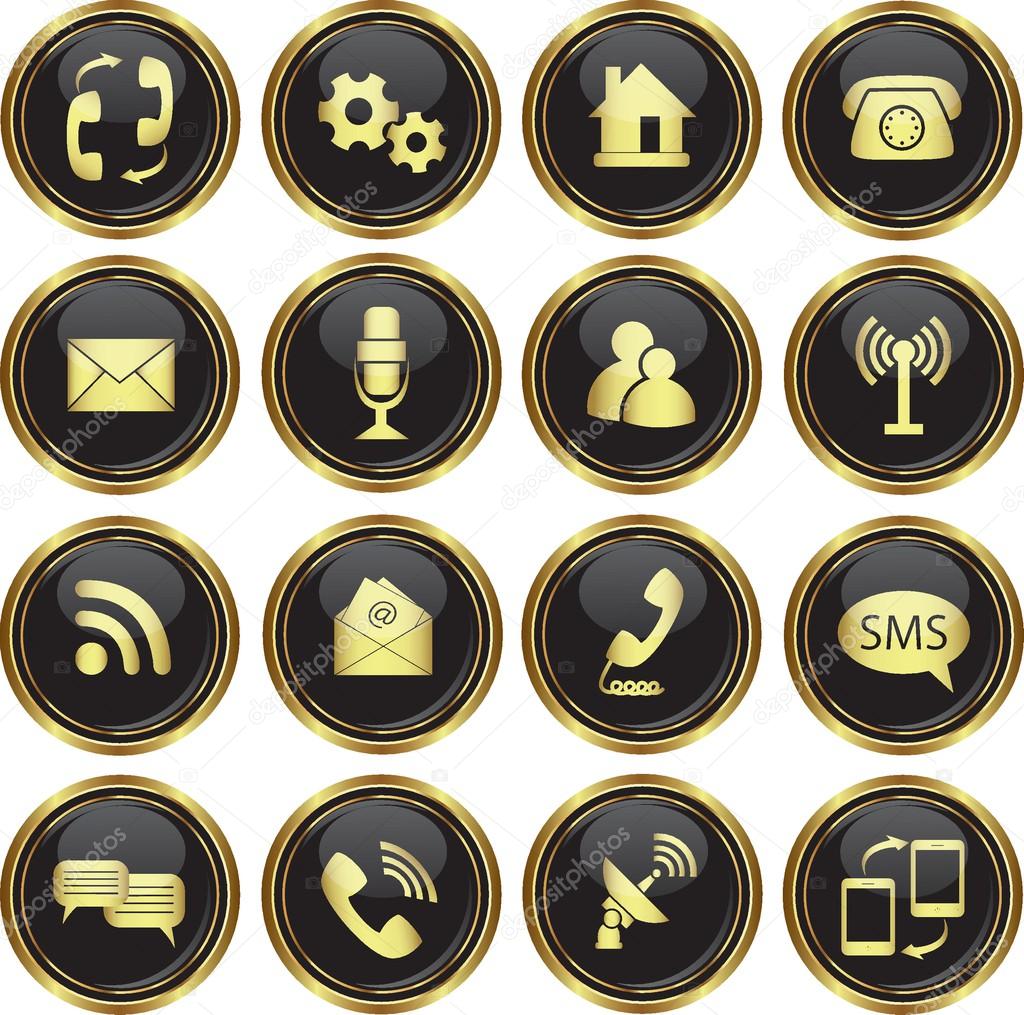 Round golden buttons with communication icons
