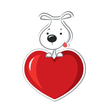Kırmızı kalp ile komik bir köpek. etiket. vektör çizim
