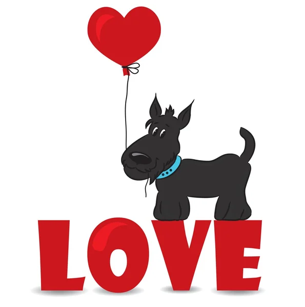 Kırmızı kalp üzerinde oturan bir komik köpek — Stok Vektör
