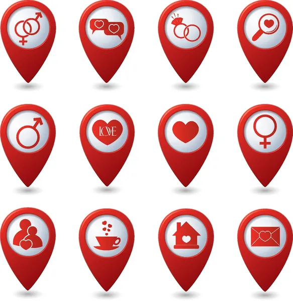 Punteros de mapa con iconos de amor — Vector de stock