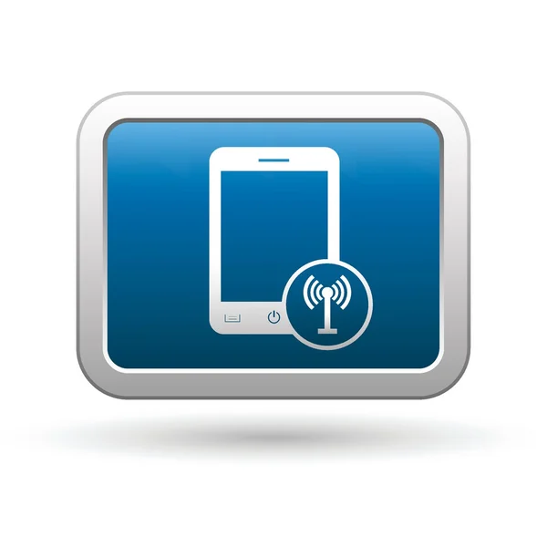 Telefon s bezdrátovým ikonou na modrý se stříbrným obdélníkové tlačítko — Stockový vektor