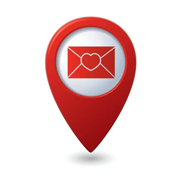 Icono de correo con corazón en el puntero del mapa rojo — Vector de stock