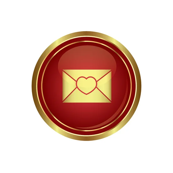 Mail icon with heart on the red with gold round button — Stock Vector