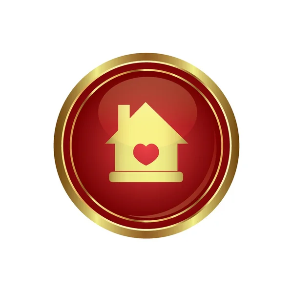 Home icon with heart on the red with gold round button — Stock Vector