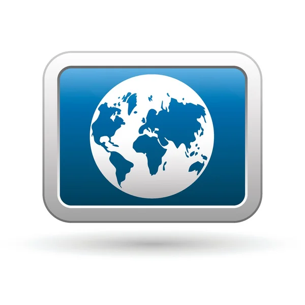 Tierra icono globo en el azul con botón rectangular de plata — Vector de stock