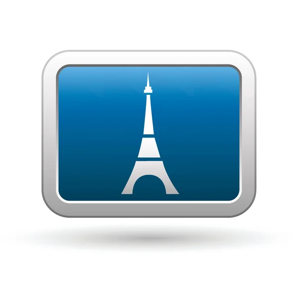 Icono de la torre Eiffel en azul con botón rectangular plateado — Vector de stock