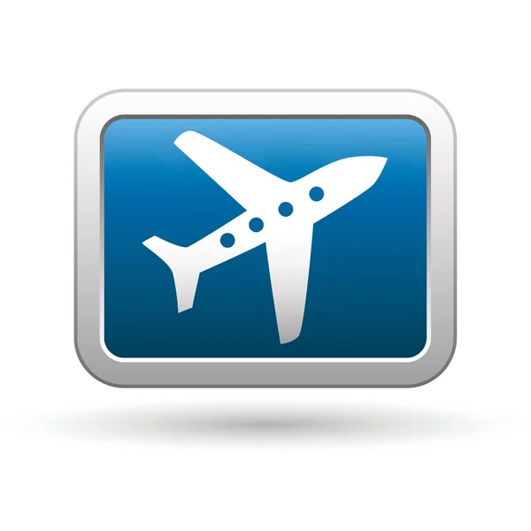 Airplane icon on the blue with silver rectangular button — Stock Vector